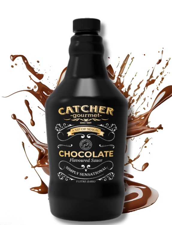 Bottle of Catcher Gourmet chocolate-flavored sauce with splashes on a white background