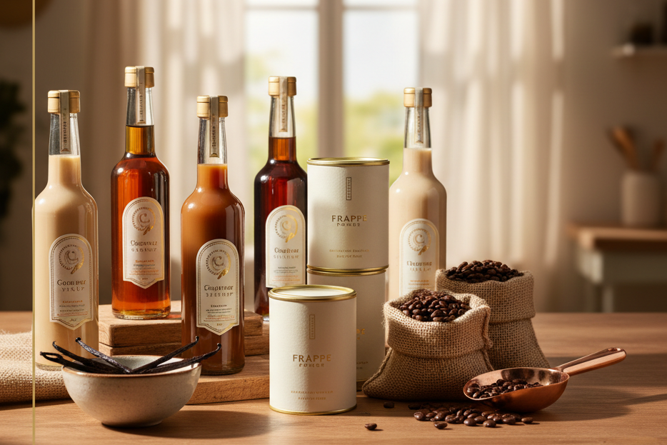 Collection of bottles and containers with labels on a wooden surface, featuring coffee beans and a bowl.